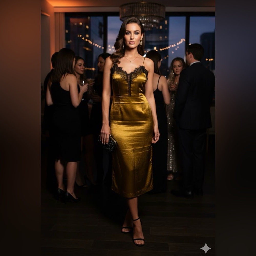 Elegant Gold Slip Dress with Black Lace Trim